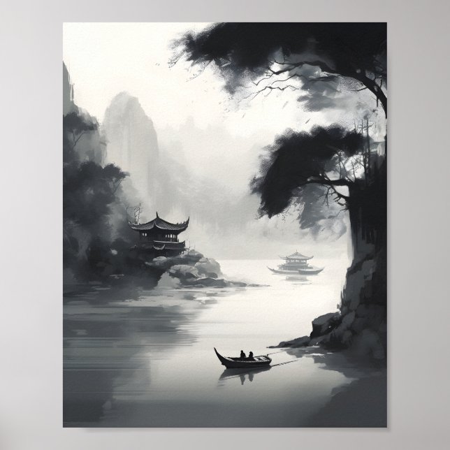 Poster Uma Cena Representando Uma Paisagem Chinesa E Um B (Frente)