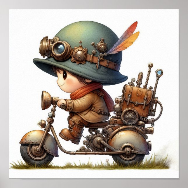Poster Uma criança feliz dirigindo um Patinete Steampunk (Frente)