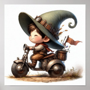 Poster Uma criança feliz dirigindo um Patinete Steampunk