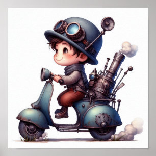 Poster Uma criança feliz dirigindo um Skoter Steampunk
