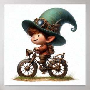 Poster Uma criança feliz dirigindo uma bicicleta a vapor