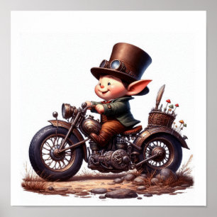 Poster Uma Criança Jovem e Feliz Pilotando uma Moto Steam
