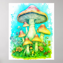 Poster Uma Família De Cogumelos Verdes Fundo Branco Pared