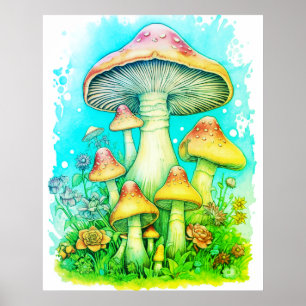 Poster Uma Família De Cogumelos Verdes Fundo Branco Pared
