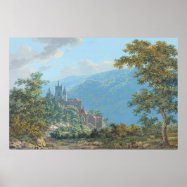 Poster Uma fortaleza numa paisagem de montanha no nascer 