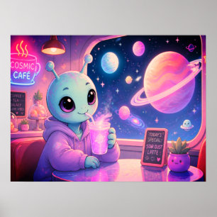 Poster Uma Garota Alien Cute Bebendo Refrigerante no Muro