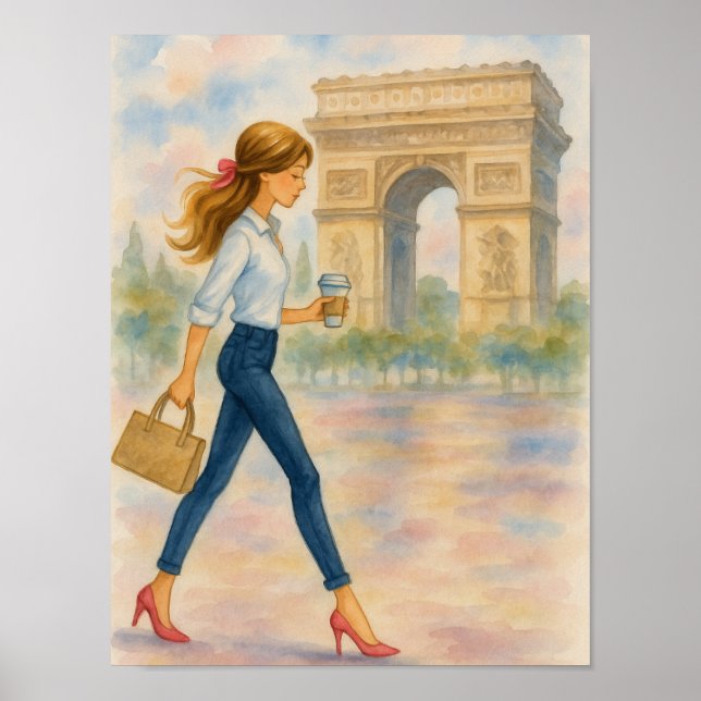 Poster Uma garota e a cena do Arco de Triomphe em Paris (Frente)
