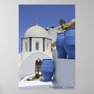 Pôster Uma igreja em Santorini, piscina