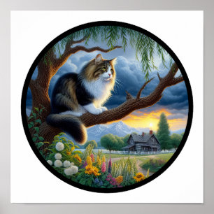 Poster Uma imagem 3D circular de um gato doméstico de pel