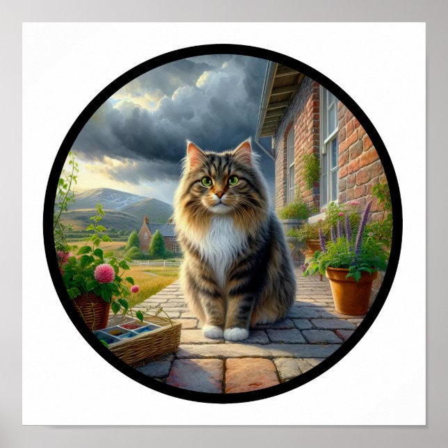 Poster Uma imagem 3D circular de um gato doméstico de pel (Frente)