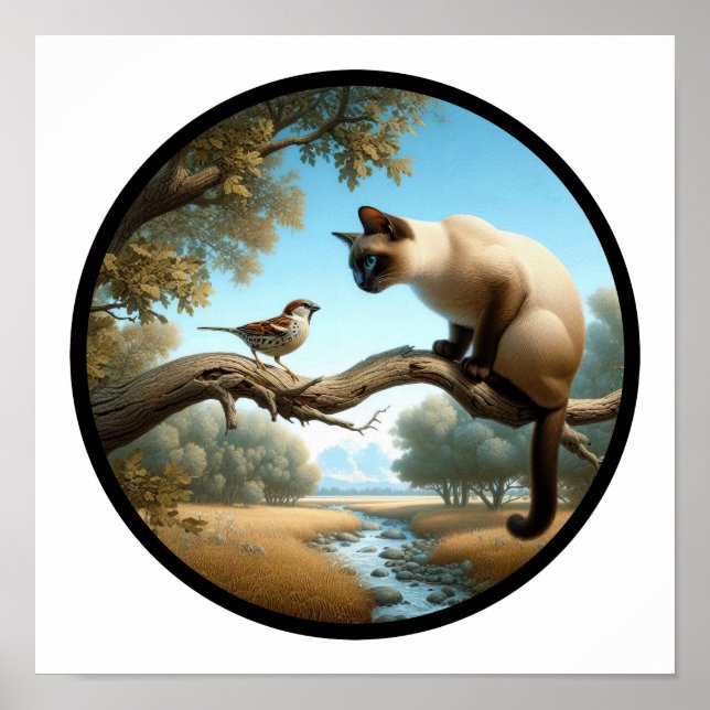 Poster Uma imagem 3D circular de um lindo gato siamês (Frente)