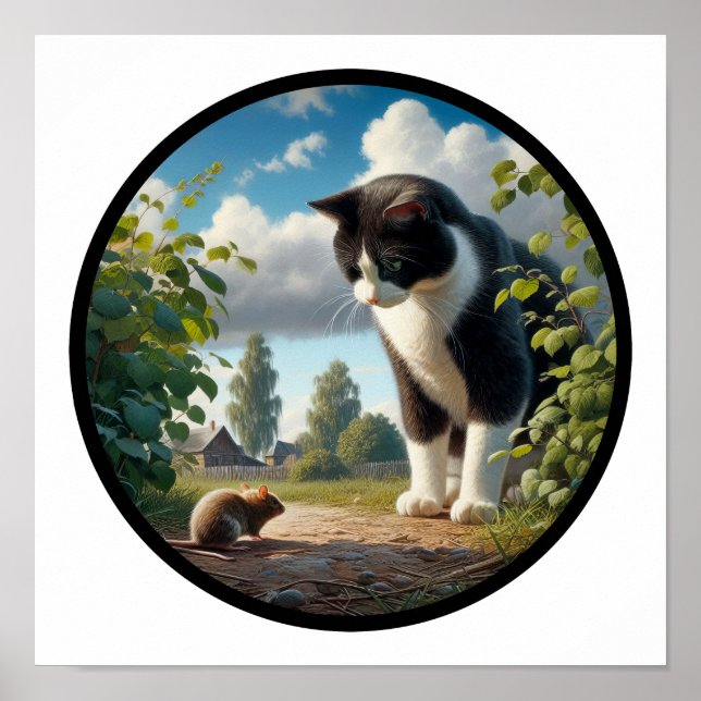 Poster Uma imagem 3D circular de um lindo gato Tuxedo (Frente)