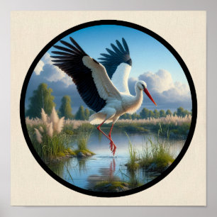 Poster Uma imagem 3D circular de uma bela cegonha-branca