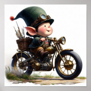 Poster Uma jovem e feliz criança dirigindo uma moto Steam