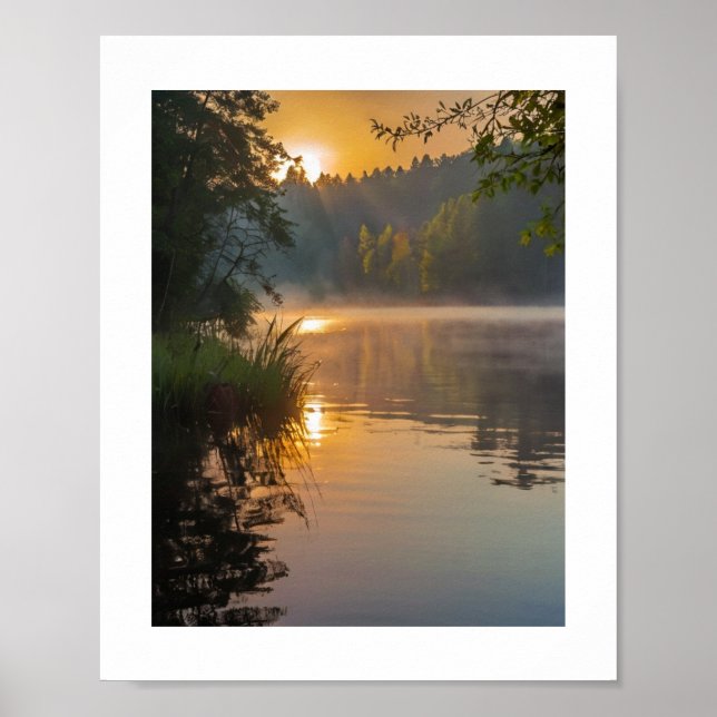 Poster Uma manhã enevoada em um lago tranquilo (Frente)