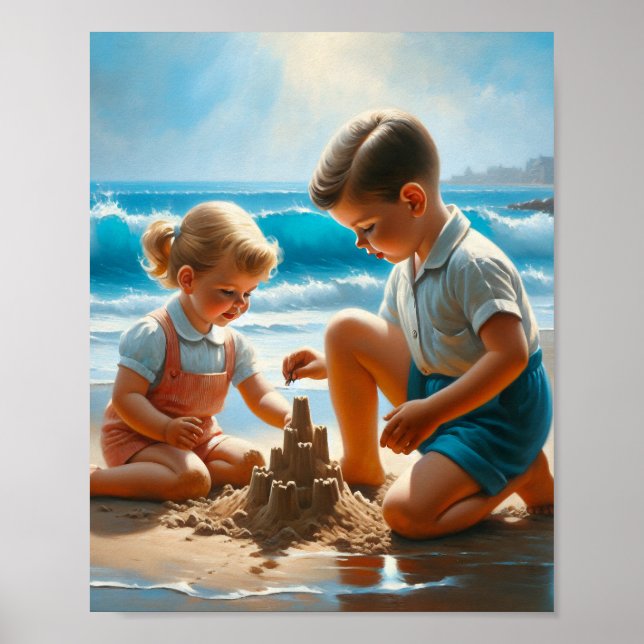 Poster Uma Menina e um Menino Construindo um Castelo de S (Frente)