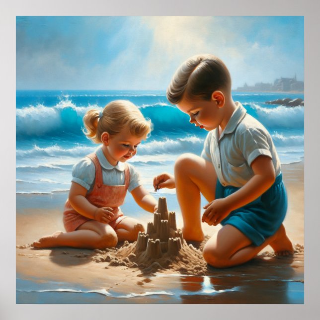Poster Uma Menina e um Menino Construindo um Castelo de S (Frente)