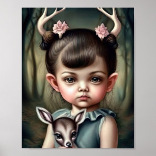 Poster Uma menina segurando um veado em seus braços