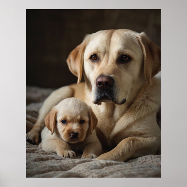 Poster Uma mulher beige Labrador segurando um cachorro re (Frente)