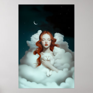Poster Uma Mulher De Cabelo Vermelho Segurando Um Gato Na