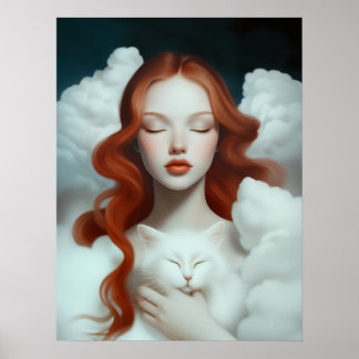 Poster Uma Mulher De Cabelo Vermelho Segurando Um Gato Na