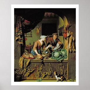 Pôster Uma mulher e um Peddler dos peixes, 1713 (óleo no