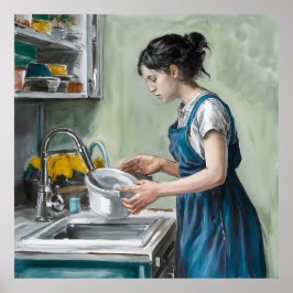 Poster Uma mulher lavando pratos em uma cozinha azul.