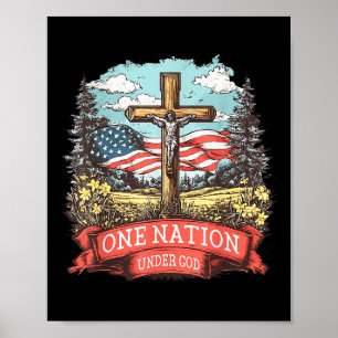 Poster Uma Nação Sob Deus Cruz Jesus Bandeira EUA Fé Ch