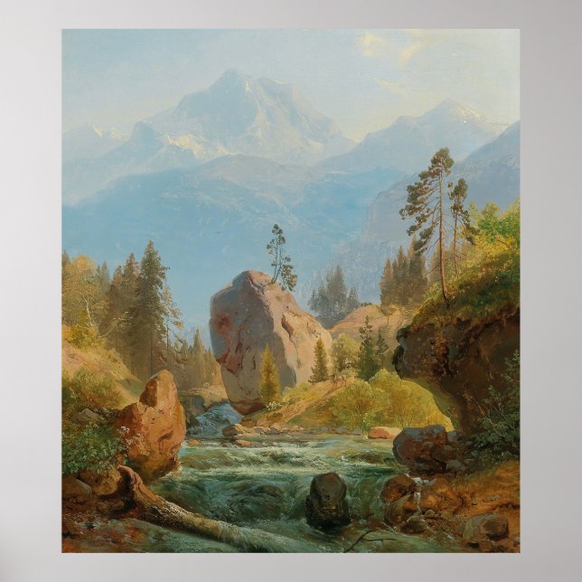 Poster Uma paisagem de montanha com Creek - Albert Zimmer (Frente)