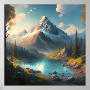 Poster Uma paisagem de montanha com lago e montanha