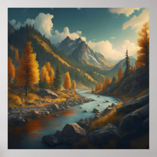 Poster uma paisagem de queda com árvores, montanhas e um