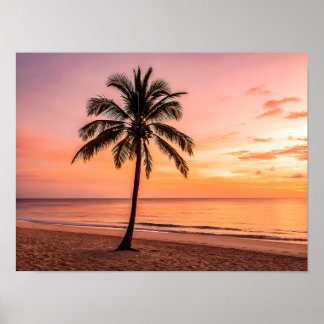 Poster Uma palmeira permanece sozinha na praia ao pôr do