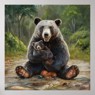 Poster Uma pintura de um urso, tenazmente segurando um ur