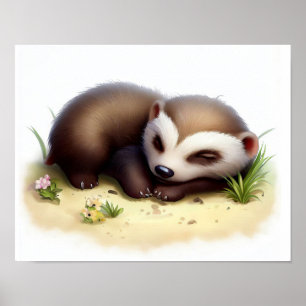 Poster Uma pintura em aquarela 3D de um Badger de Mel Bon