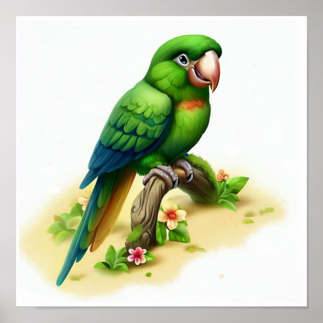 Poster Uma pintura em aquarela 3D de uma Macaw Verde Exce (Frente)
