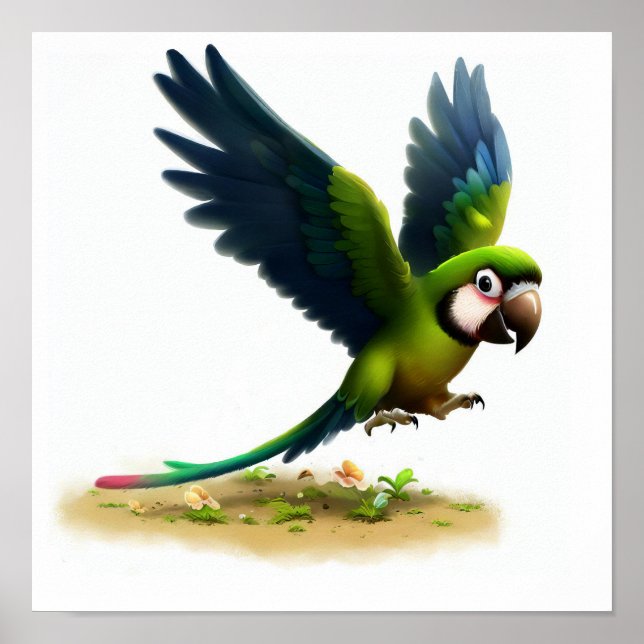 Poster Uma pintura em aquarela 3D de uma Macaw Verde Exce (Frente)