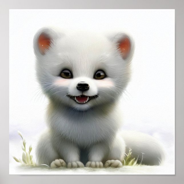 Poster Uma pintura em aquarela 3D de uma raposa árctica (Frente)