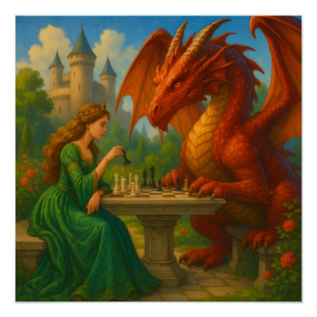 Pôster Uma princesa jogando xadrez com uma arte de fantas (Frente)