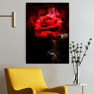 Poster Uma Rosa Vermelha em Aquarela sobre Fundo Preto
