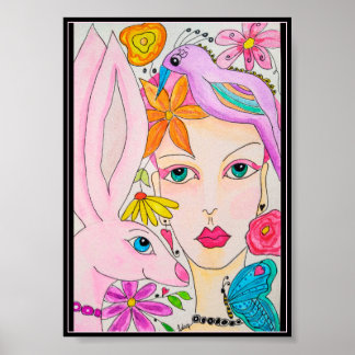 Poster Uma senhora, um coelho e um pássaro