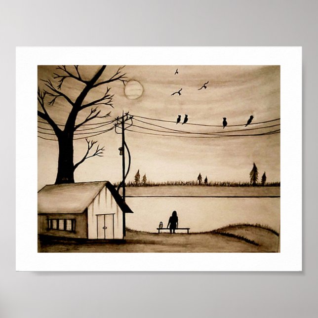 Poster Uma Solitário no Desenho do Pôr do Sol. (Frente)