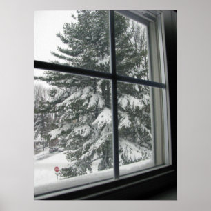 Poster Uma vista da janela do Evergreen coberto de neve