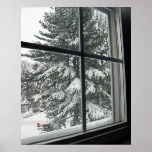 Poster Uma vista da janela do Evergreen coberto de neve