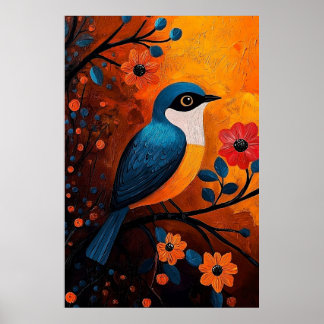 Poster Un Solo Pájaro - Pássaro Vibrante e Arte Floral