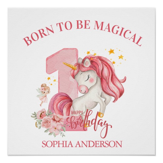 Pôster Unicorn 1st Birthday Pink Little Girl  (Frente)