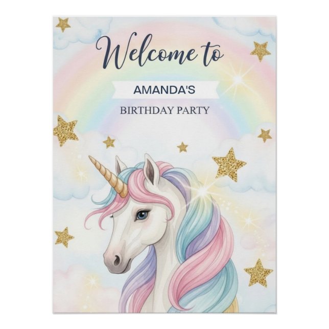 Pôster Unicorn 1stBirthday Party Personalized Welcome (Frente)