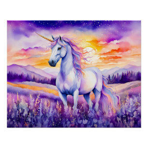 Pôster Unicorn Beneath Vibrant Sunset Rainbow Sky
