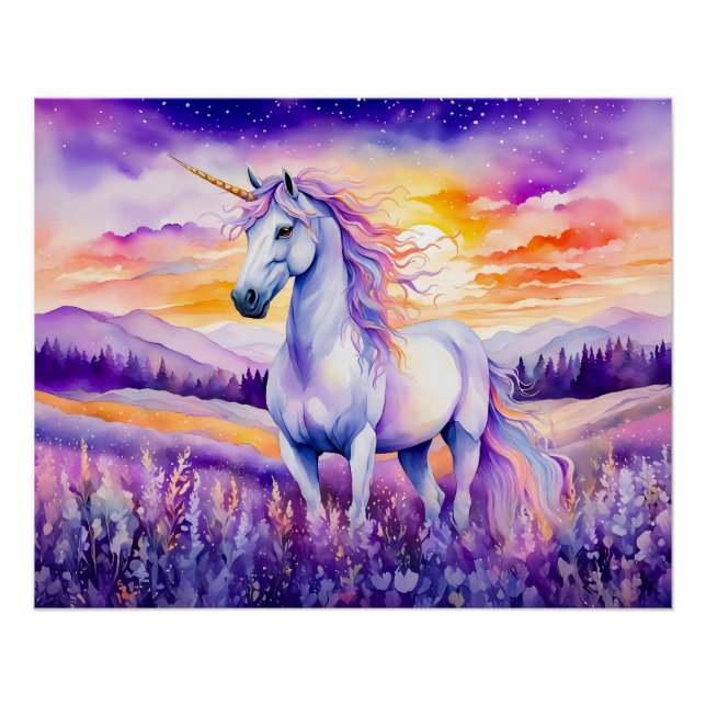 Pôster Unicorn Beneath Vibrant Sunset Rainbow Sky (Frente)