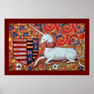 POSTER UNICORN COM MOTIFOS VERMELHOS AZUIS FLORADOS