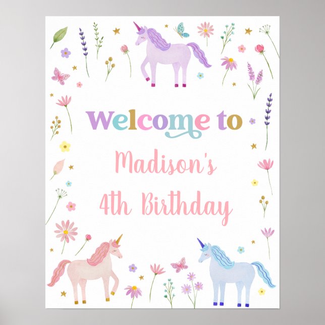 Poster Unicorn Pastel Rosa Dourado Aniversário (Frente)